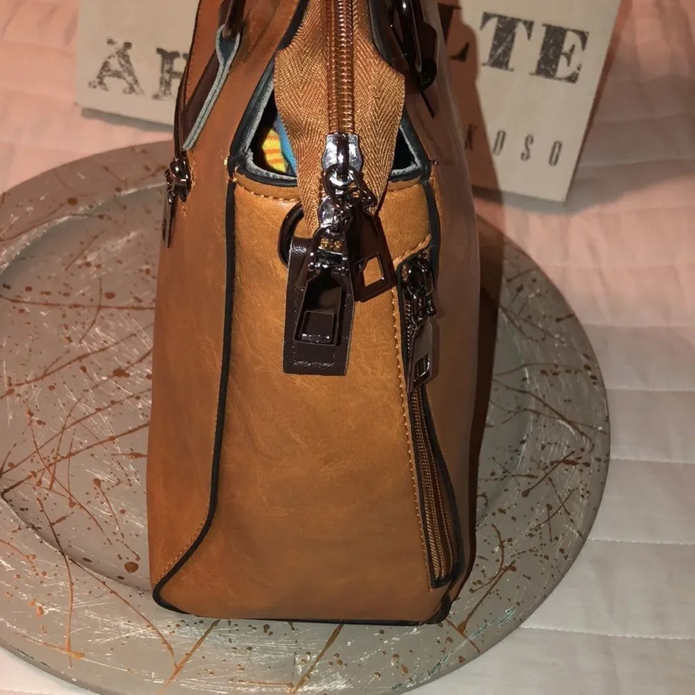 Faux Leather Satchel in Caramel Brown Combo with detailed zippers